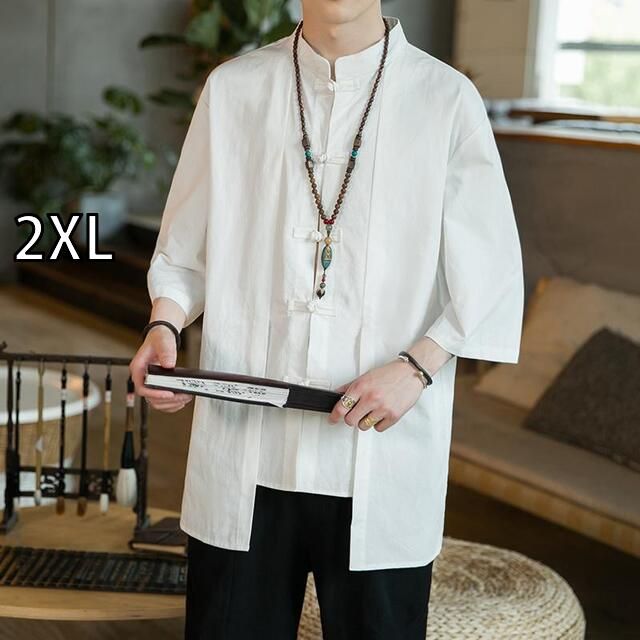 [2XL]メンズ ファッション 服 オシャレ シンプル 大人 かっこいい 大きいサイズ ストリート 紳士服 フェイク ツーピース シャツ 夏 リネン 半袖 唐 スーツ 白 五分袖 綿 リネン