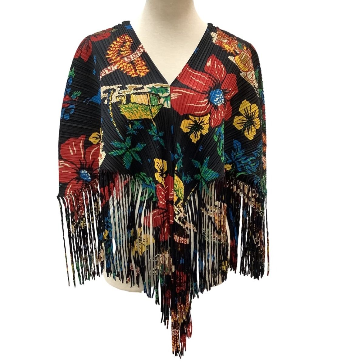 ♪♪ISSEY MIYAKE イッセイミヤケ PLEATS PLEASE 変形 ボレロ 花柄 フリンジ PP33-JO787 ブラック