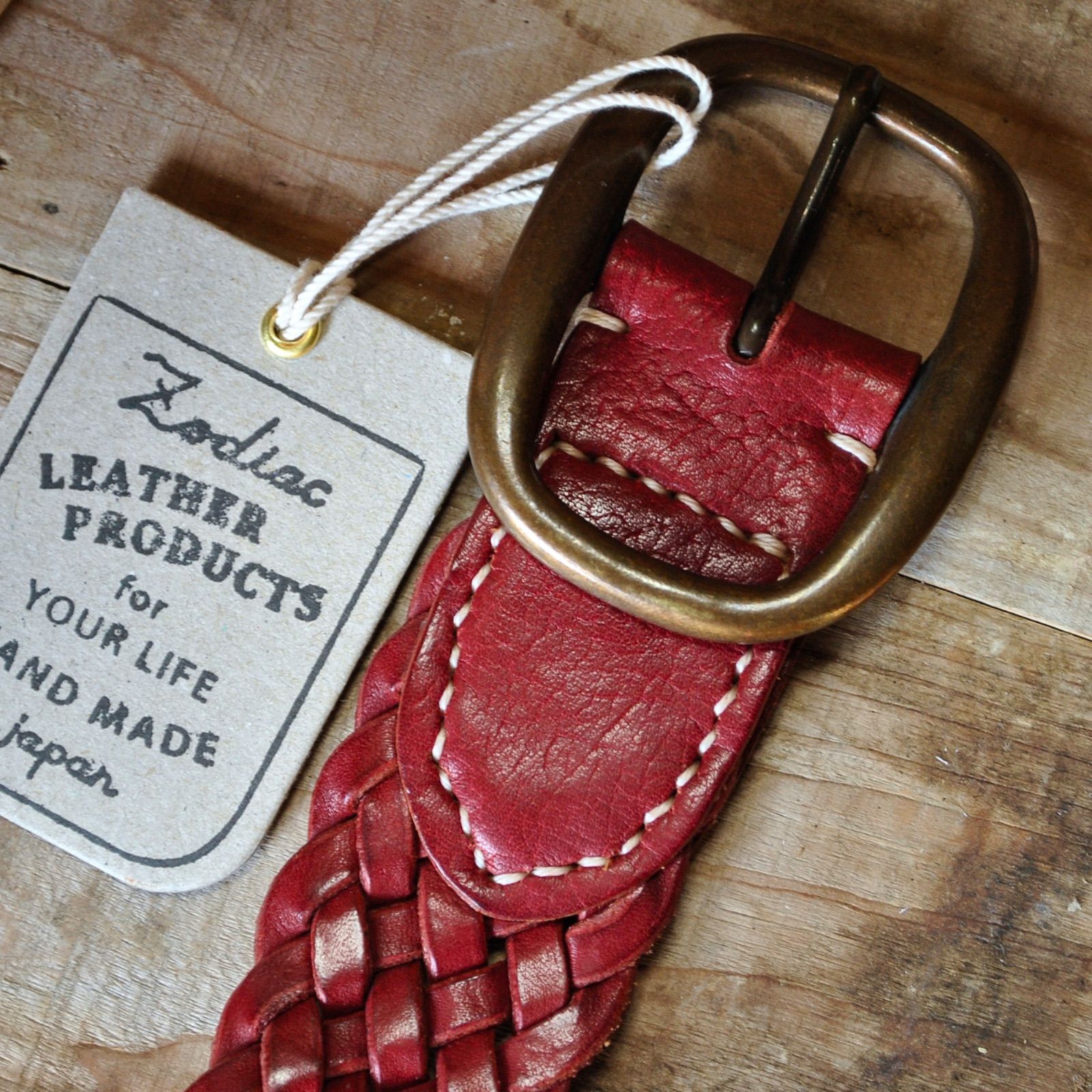 ZODIAC 40ミリ幅8本編みワイドメッシュベルト☆レッド☆本革製レザー  