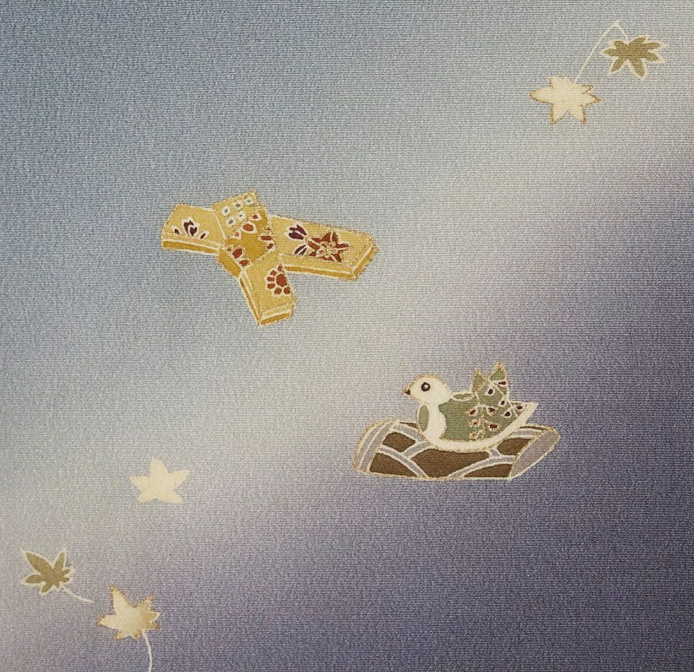 亀です 訪問着 袷 正絹 緑 クリーム 紫 梅 紅葉 瓢箪 羽子板 独楽 内輪