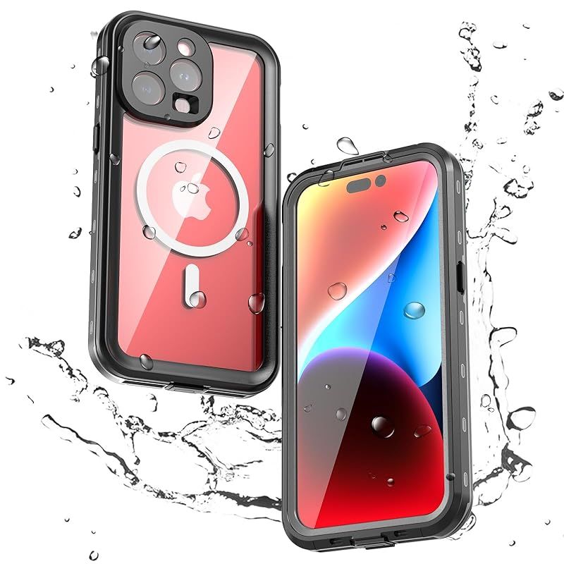 iPhone15 Pro Max ケース 完全防水 ストラップ付き 全面カバー 防水ケース カバー クリア 透明 頑丈 耐衝撃 フェイスID認証 Qi充電対応 液晶画面保護フィルム アウトドア，ブラック