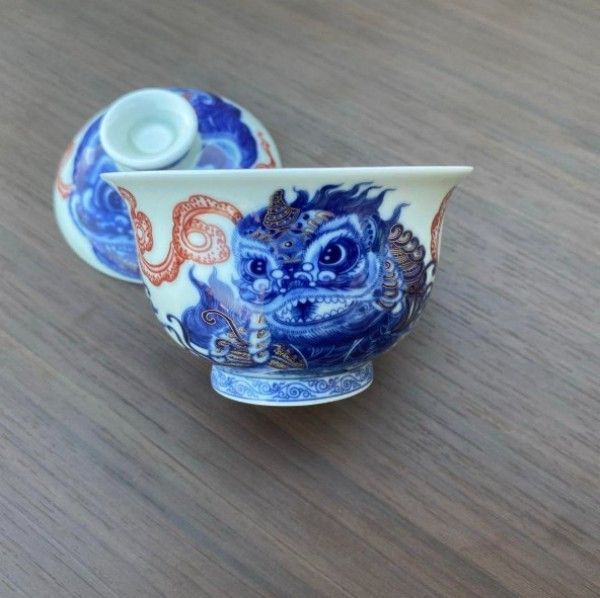 青花釉里紅祥龍三才蓋碗 中国茶器 景徳镇 蓋付き茶器 飲茶食器