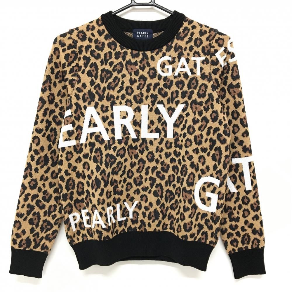 パーリーゲイツ セーター ライトブラウン×黒 レオパード柄 ロゴ白 ウール混 ニット レディース 0 S ゴルフウェア PEARLY GATES