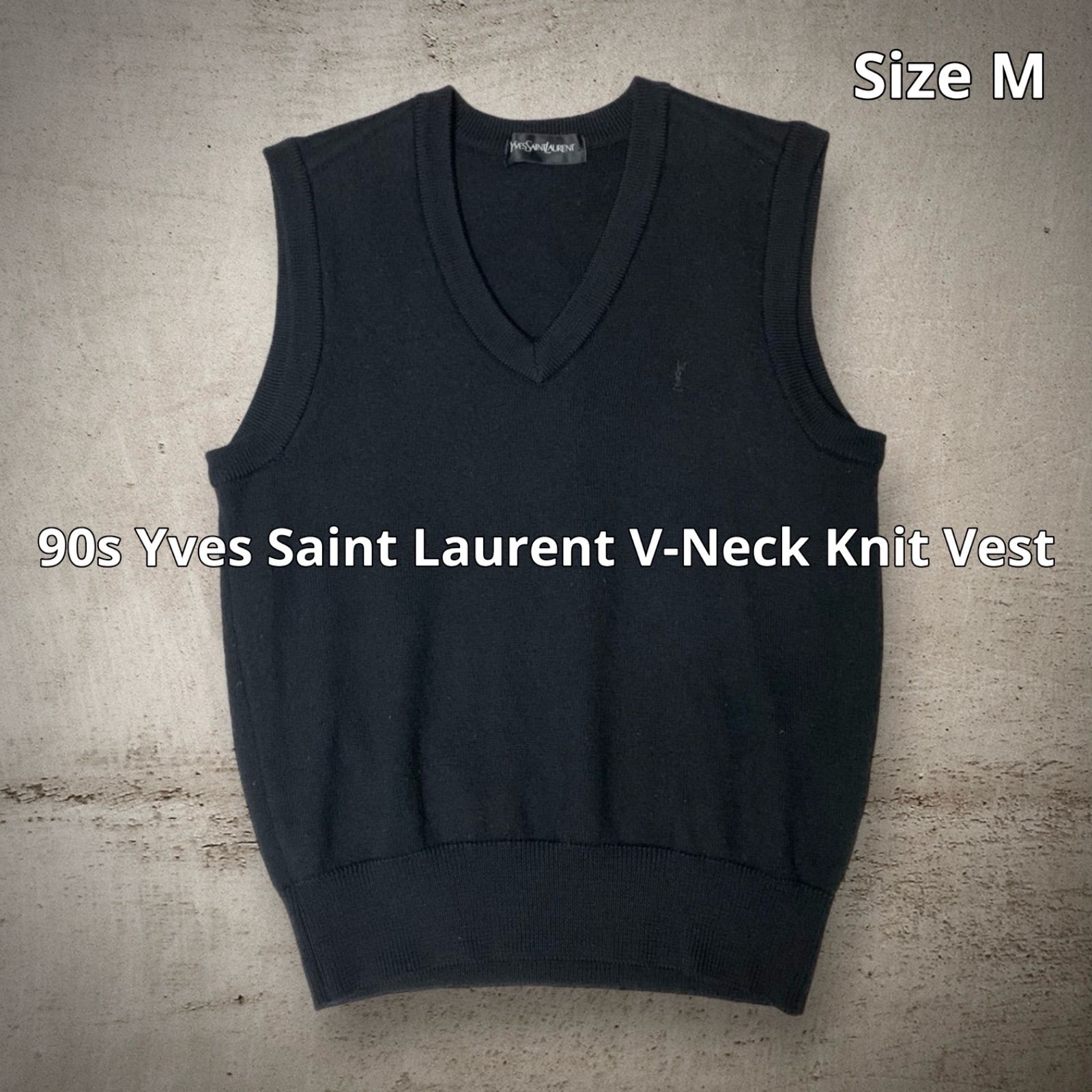 90s Yves Saint Laurent V-Neck Knit Vest イヴサンローラン Vネックニットベスト ブラック Mサイズ ロゴ刺繍  YSL 福助 ライセンス品