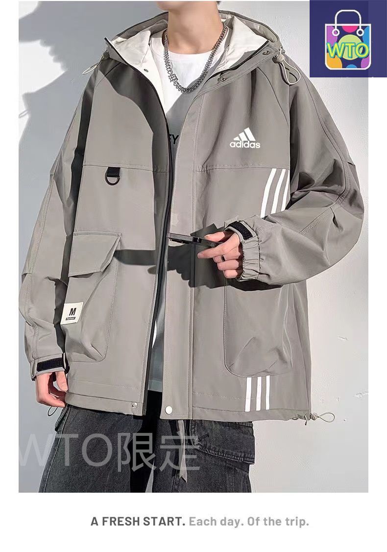 アディダス Adidas 春と秋の新モデルのレジャージャケット 男性用 どんなものにもマッチする通気性のあるアウタージャケット アメリカンスタイルのフード付きで 感あふれる レラックスフィットのライダージャケット -WTO輸入1 ラバーストラップ Tシャツ アパレル 