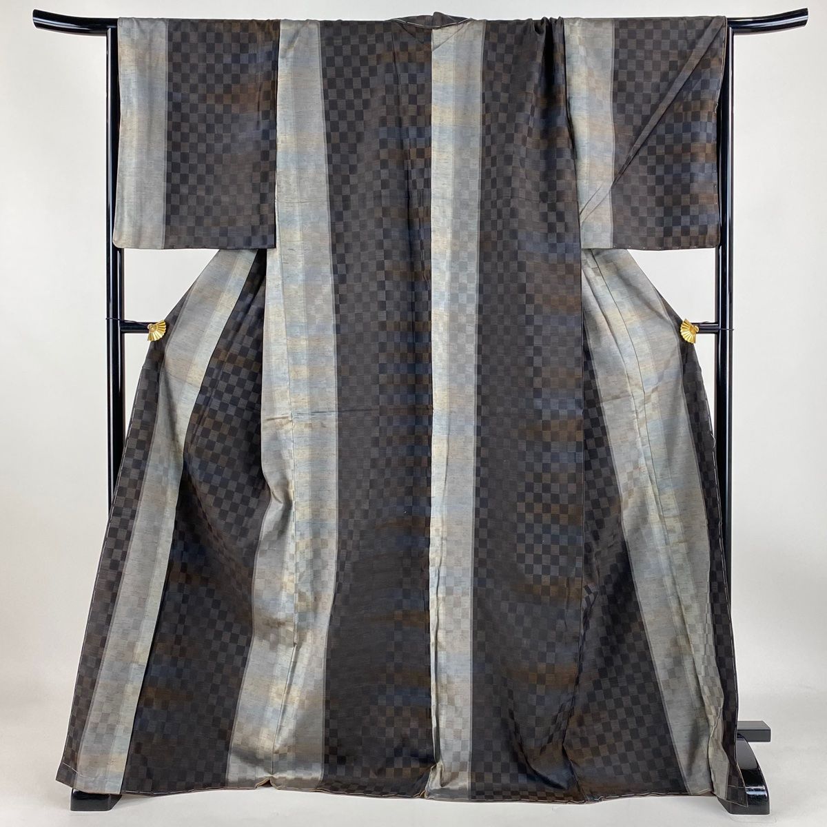 紬 身丈172cm 裄丈69cm L 袷 市松 縞 茶紫 正絹 名品