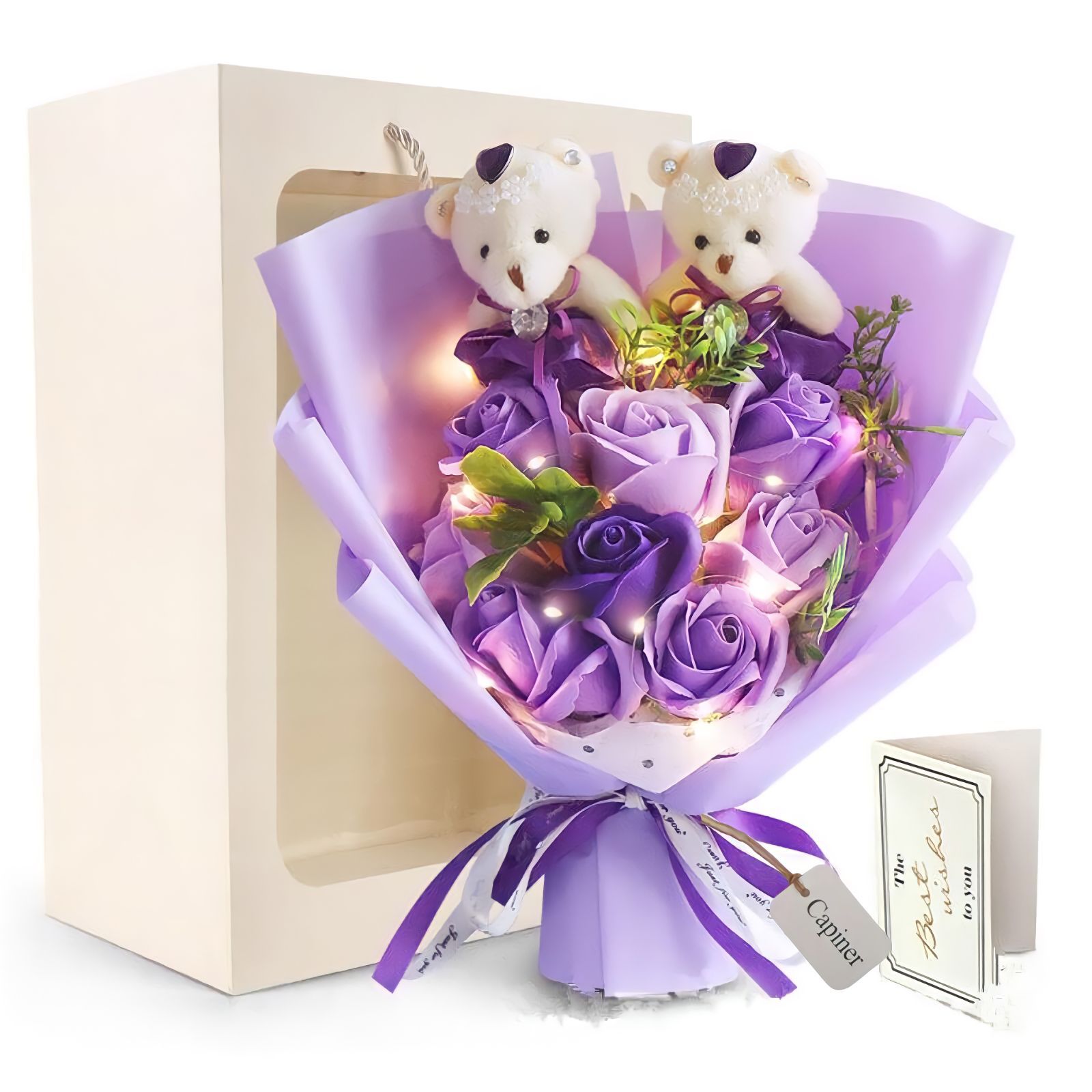 ◇新品◇送料無料◇ソープフラワー 紫の薔薇 LED 花束 プレゼント