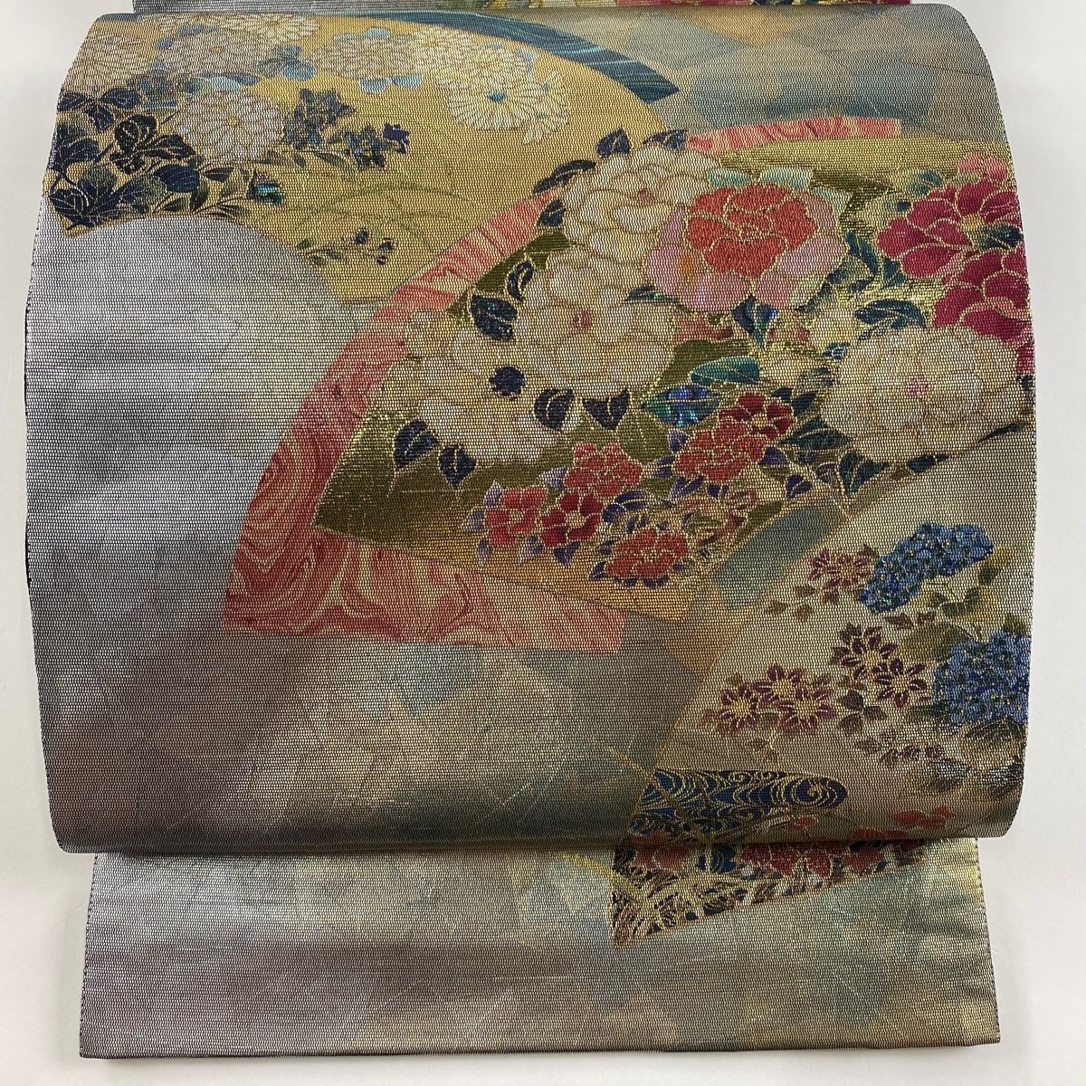袋帯 美品 名品 落款 草花 扇面 箔 螺鈿箔 灰緑 お太鼓柄 正絹