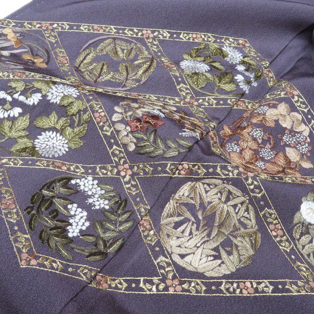 着物 逸品 訪問着 墨色 有職文様 草花 刺子刺繍 汕頭刺繍 正絹 袷 158.5cm Mサイズ 訪問着 身丈157.5cm 裄丈62cm S 袷 華文 格子 総柄総刺繍