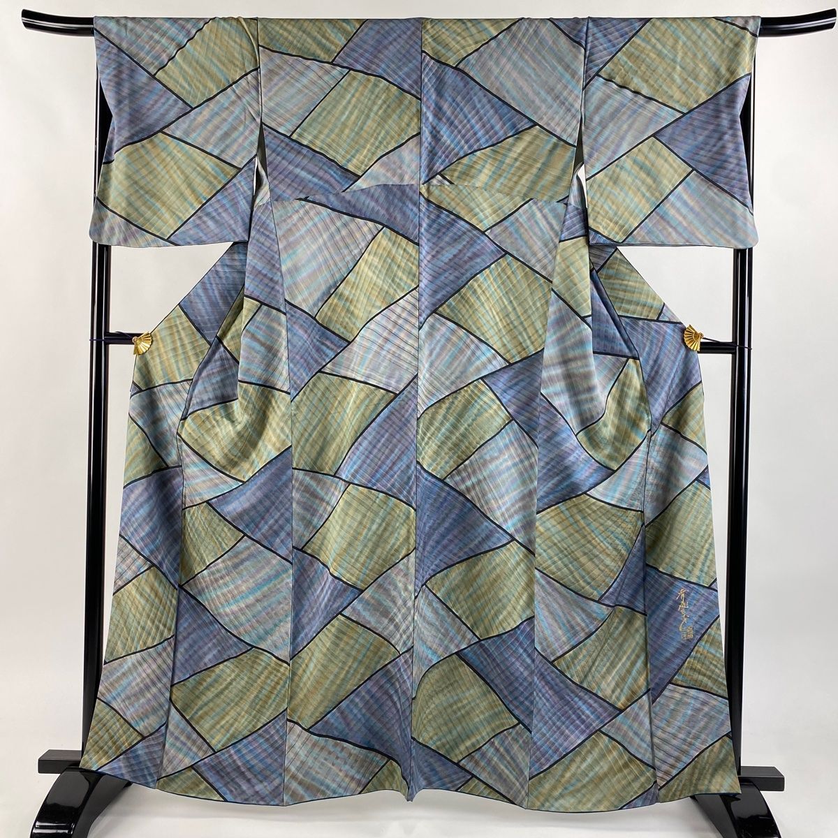 小紋 身丈162.5cm 裄丈67cm M 袷 斉藤三才 落款 斜縞 幾何学模様 ぼかし 灰紫 正絹