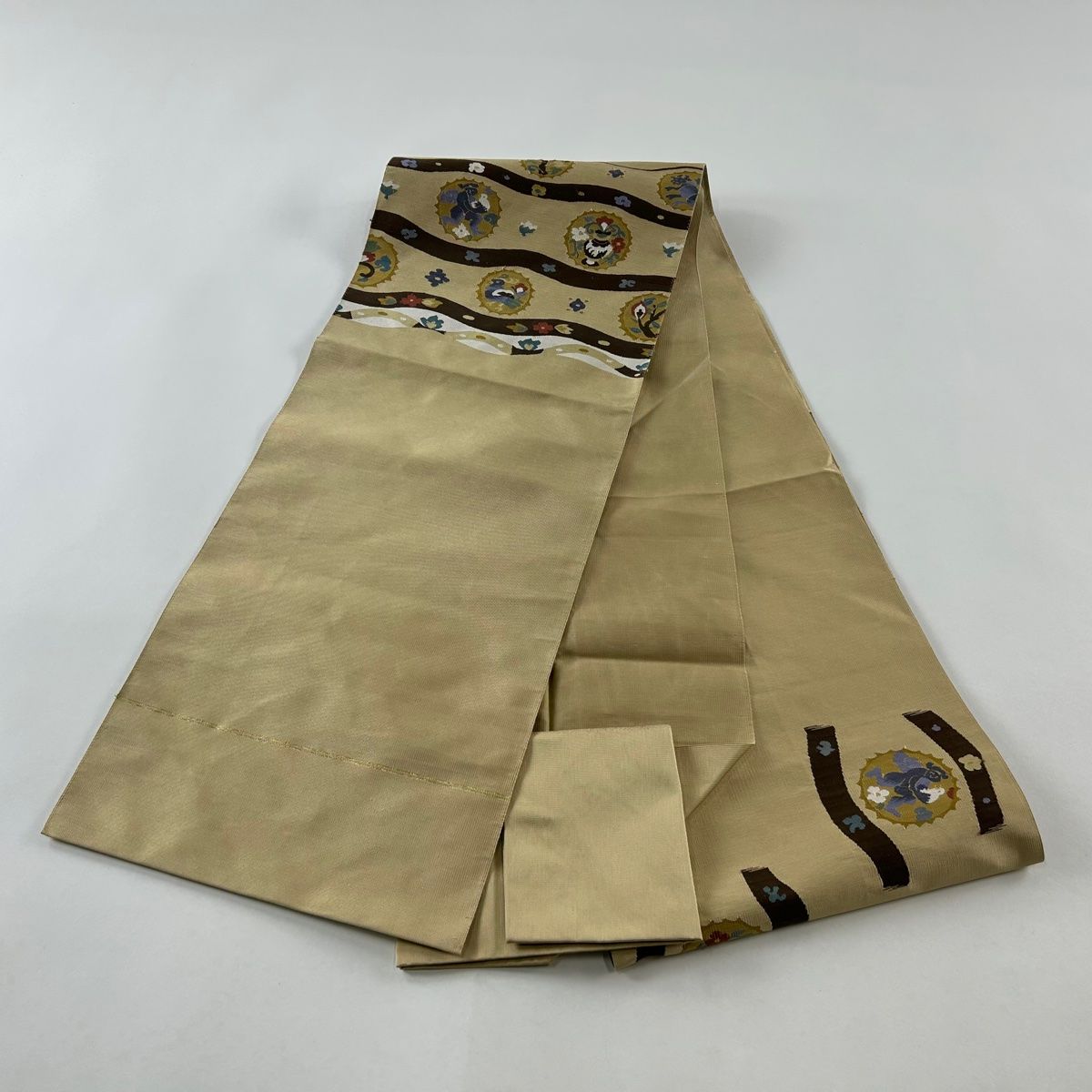 名古屋帯 美品 秀品 八寸名古屋帯 松葉仕立て 草花 鳥 金糸