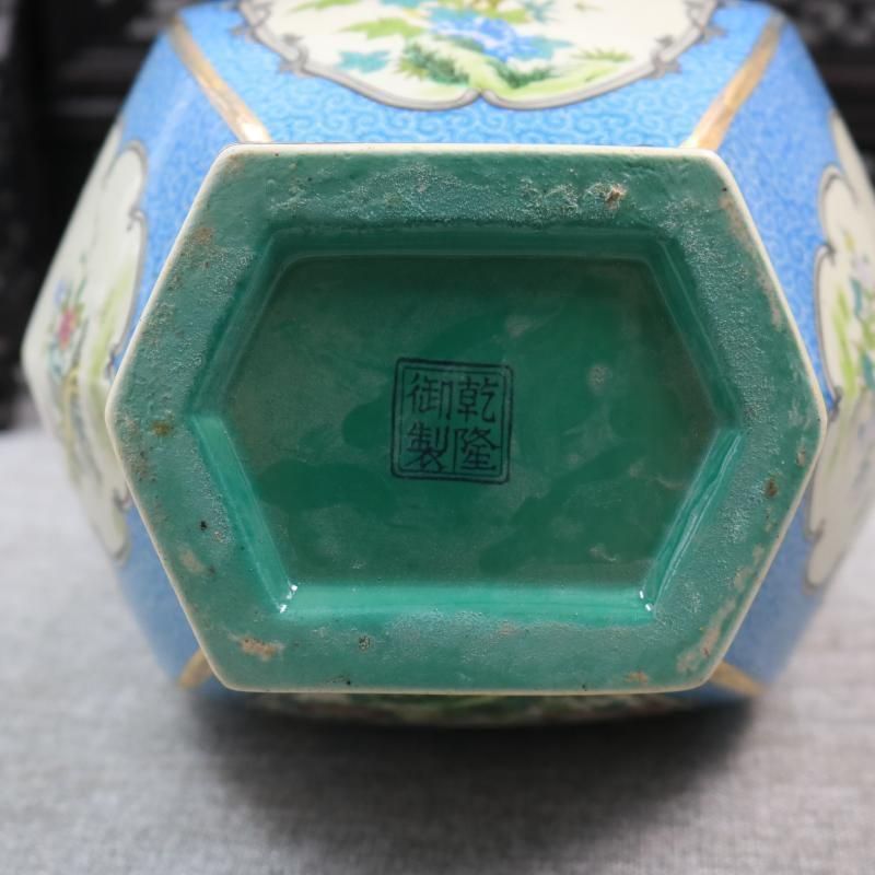 琺瑯彩蒔絵花鳥六方賞瓶 挿花器 景徳鎮 陶磁器 装飾品 現代工芸