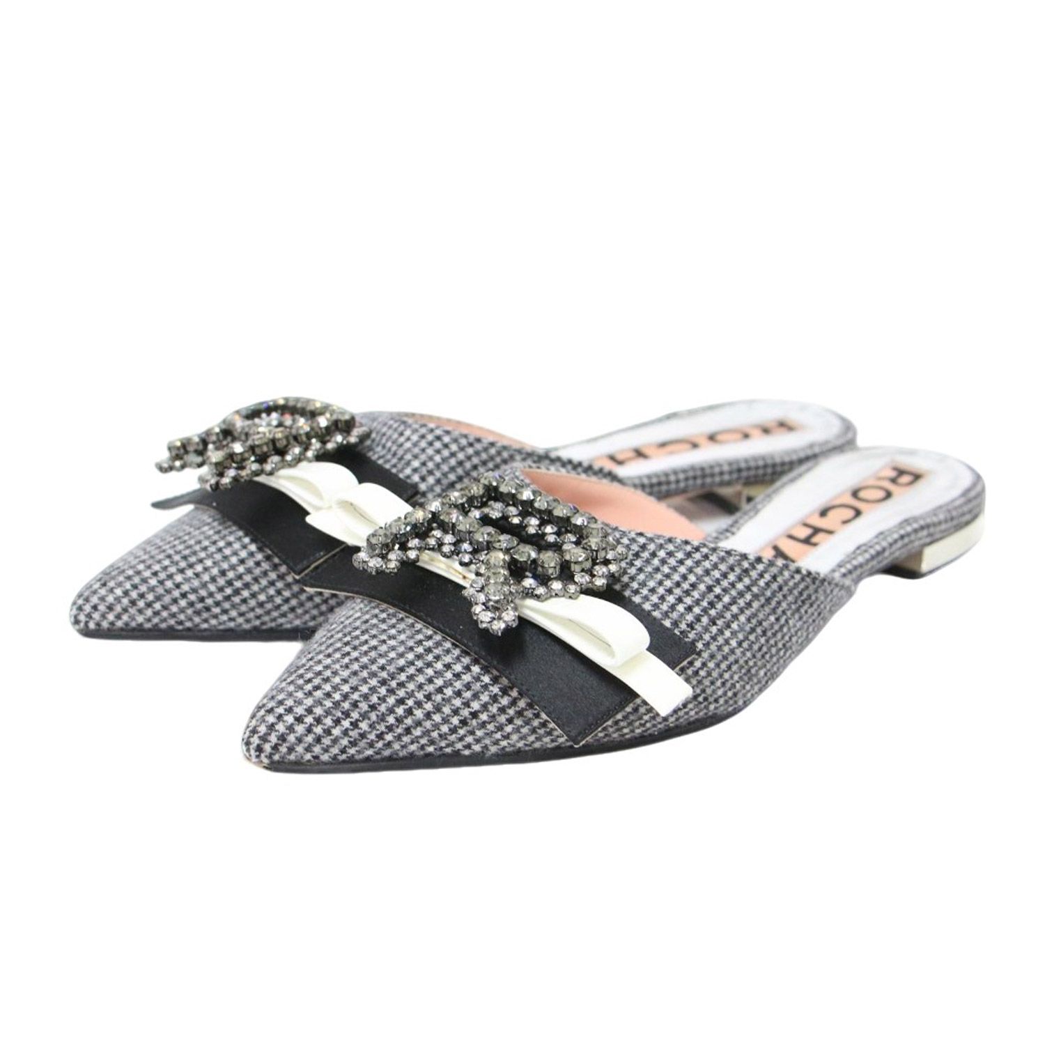 ROCHAS ロシャス パンプス ミュール グレー系 37(23.5cm) Rビジュー 