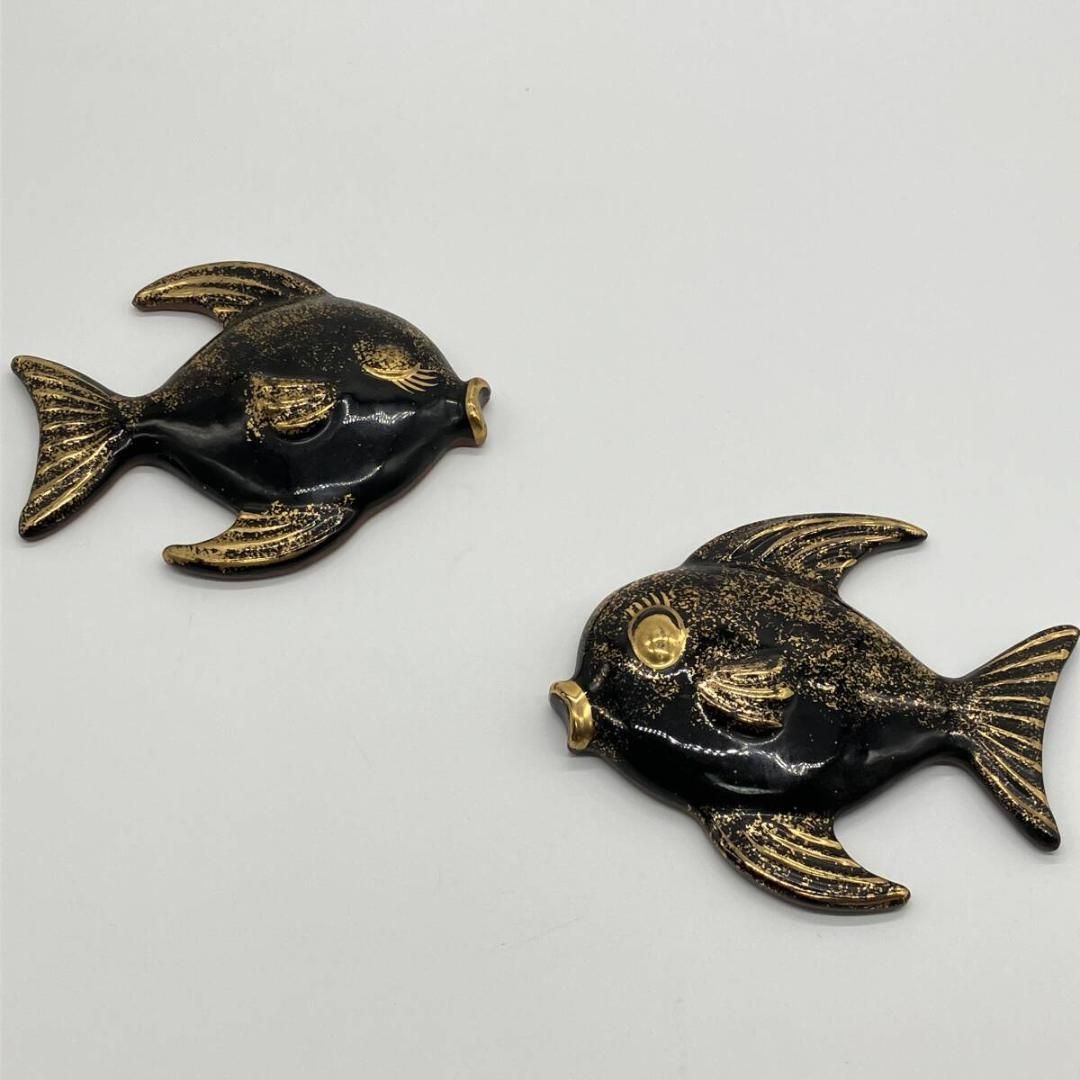 ビンテージ 50s レフトン Lefton フィッシュ ウォールデコ 壁掛け ペア 黒金 セラミック ミッドセンチュリー POP_25B