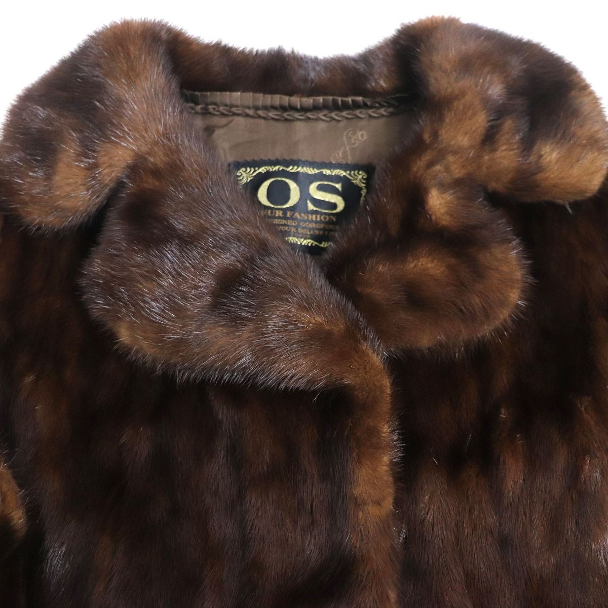 美品▽OS FUR MINK ミンク 裏地ロゴ柄 本毛皮超ロングコート ダーク