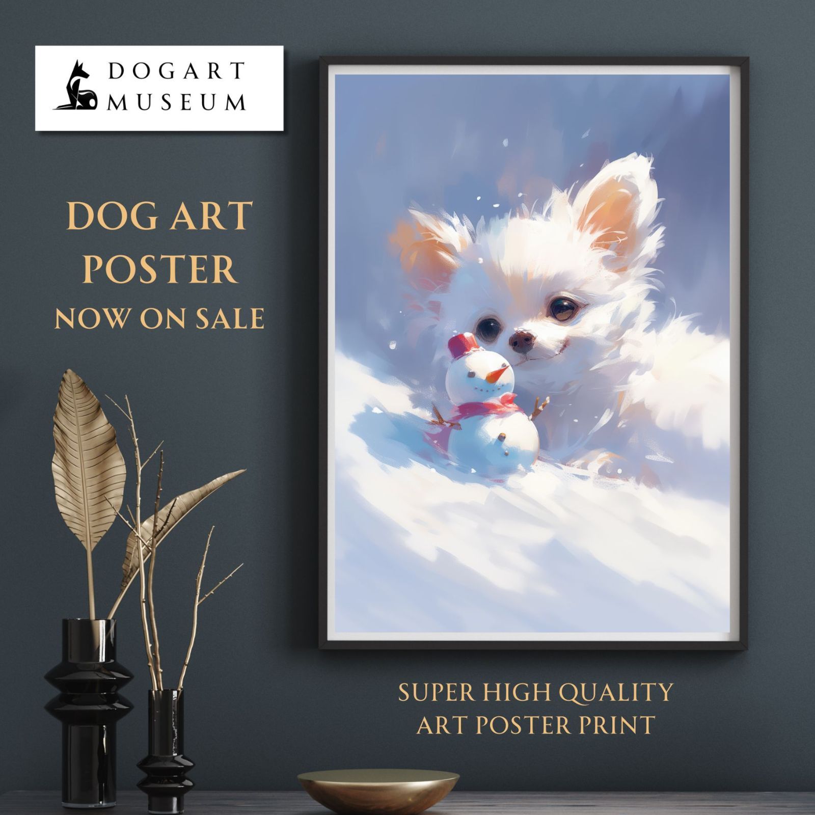 絵画。原画手描き【雪が降る冬、かわいい犬と猫の楽しい写真記念】 絵画。原画手描き【雪が降る冬、かわいい犬と猫の楽しい写真記念】