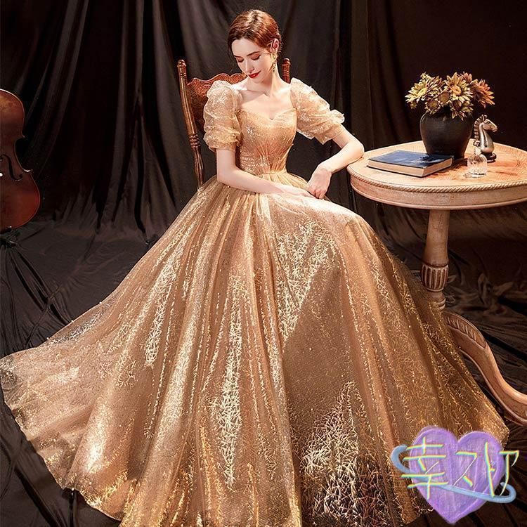 金色 キラキラドレス キレイめ 発表会ドレス パフスリーブ Vネック ロング イブニングドレス ロングドレス 金色 キラキラドレス キレイめ