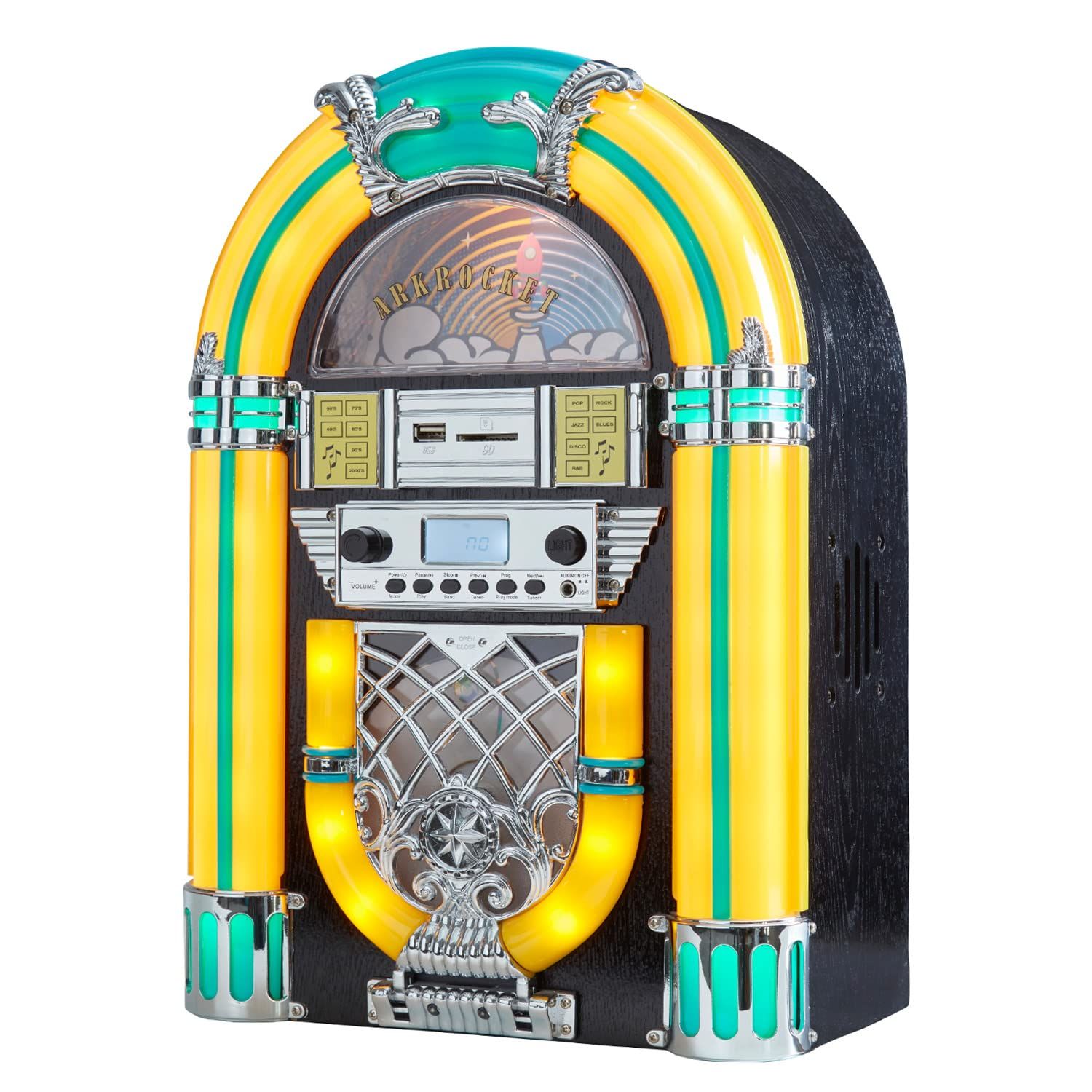 新着商品 Athena Arkrocket ミニジュークボックステーブルトップCDプレイヤーBluetoothスピーカーラジオUSBおよびSDカードプレイヤー レトロなLEDライティングシステム Black Yellow