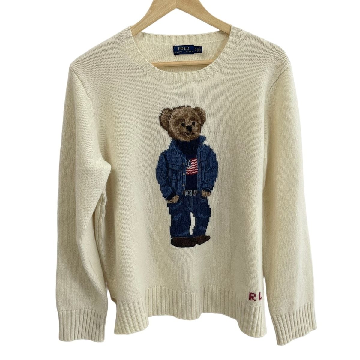 POLObyRalphLauren ポロラルフローレン 長袖セーター サイズXL レディース - アイボリー×ブルーグレー×マルチ クルーネック|ポロベア