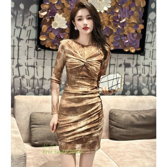 胸元ギャザー 長袖ショートタイトワンピース