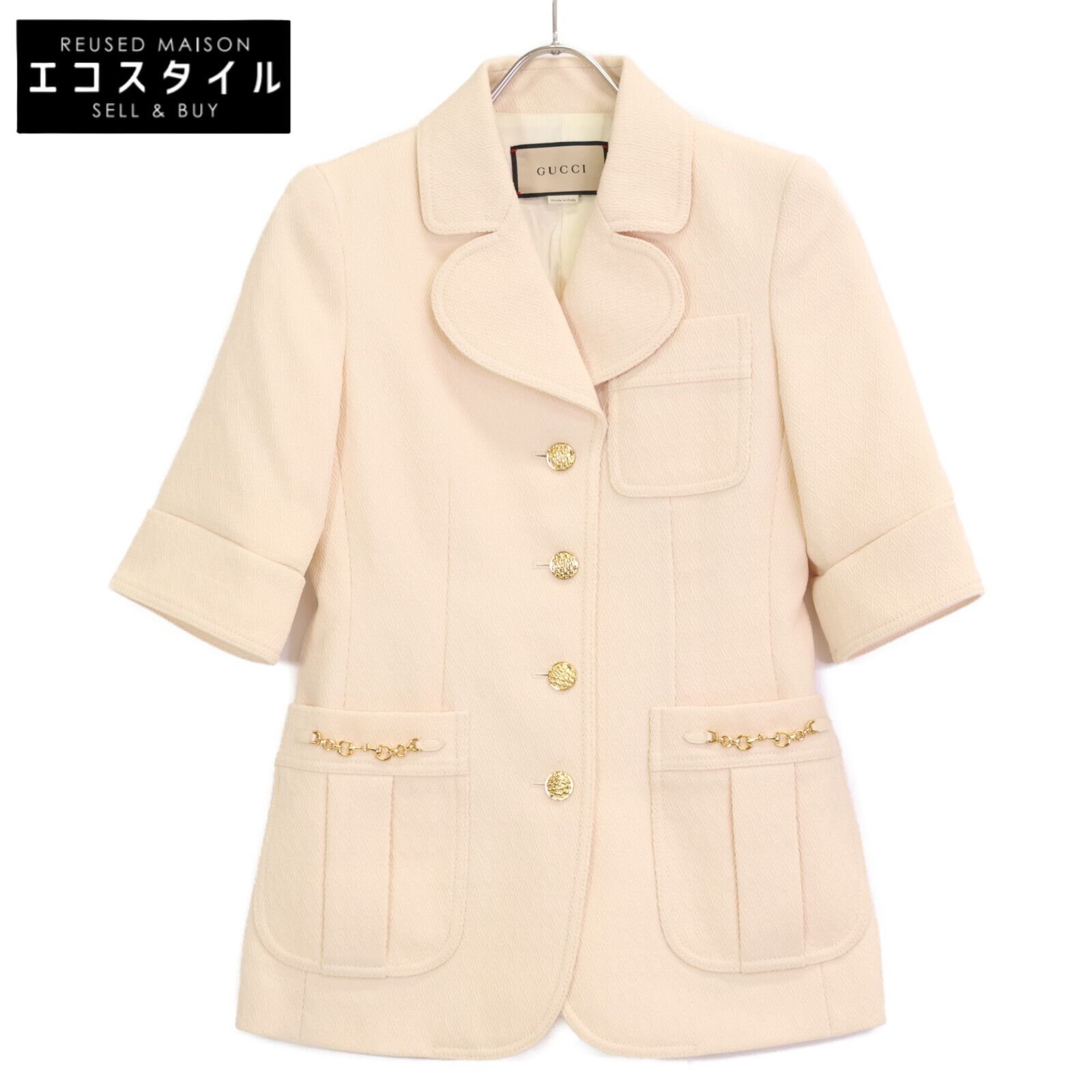 GUCCI グッチ 643288 21AW ｱｲﾎﾞﾘｰ ｳｰﾙ100 ﾎｰｽﾋﾟｯﾄ金ﾎﾞﾀﾝ半袖ｼﾞｬｹｯﾄ 36