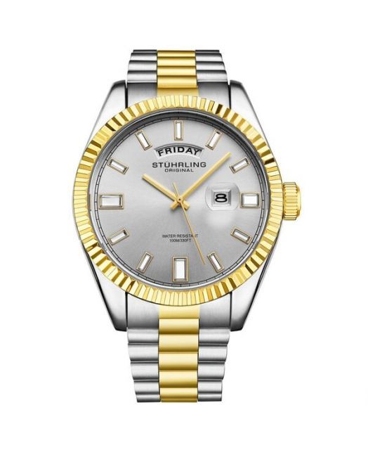 送料無料 ストゥーリング レディース 腕時計 アクセサリー Statesman 4070 Men s Watch Two-Tone Bracelet Silver Dial Day-Date Quartz 42mm Fluted Bezel No Colo
