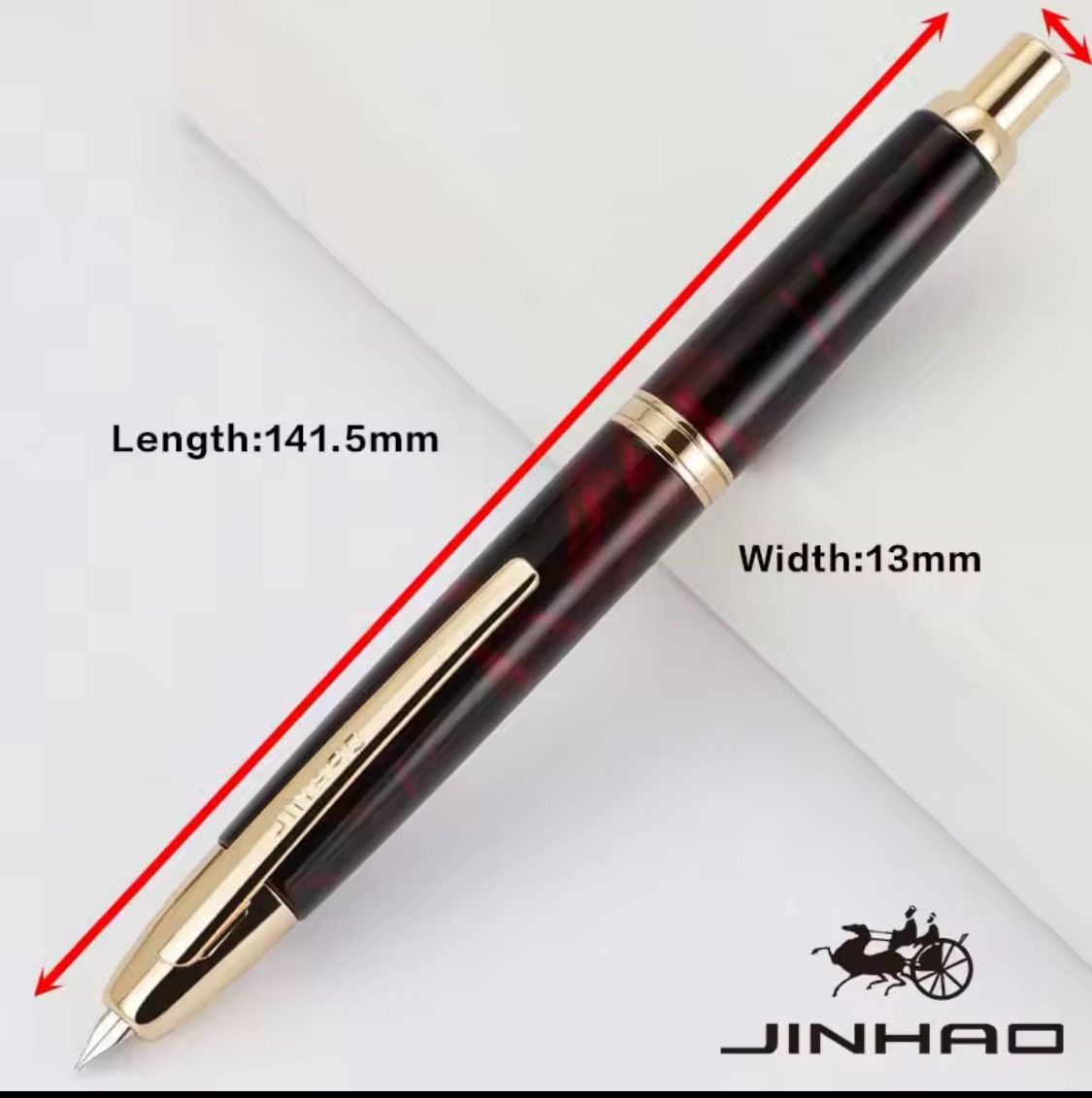 万年筆 JINHAO10 赤瑪瑙 ニブF キャップレス風ノック式万年筆赤