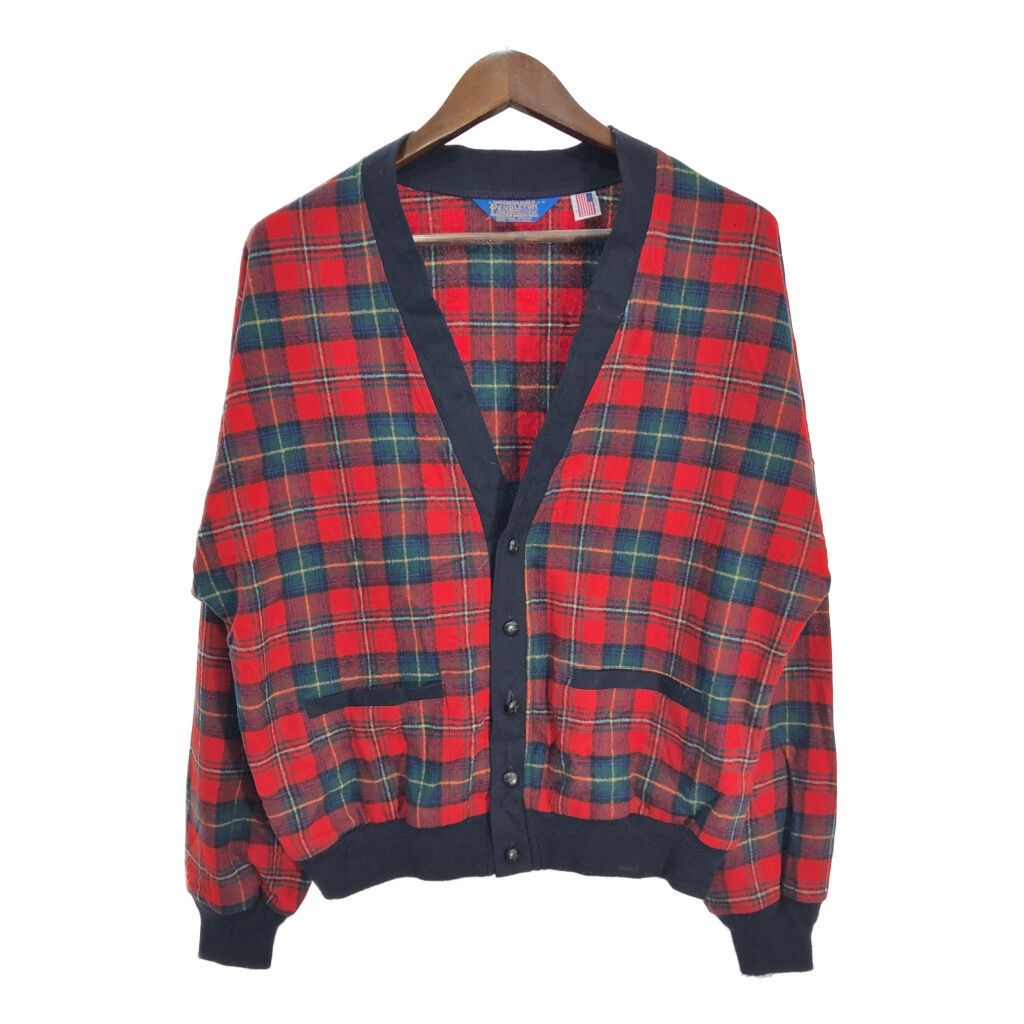 90年代 USA製 PENDLETON ペンドルトン ウール カーディガン チェック レッド (メンズ L) 中古 古着 S9660