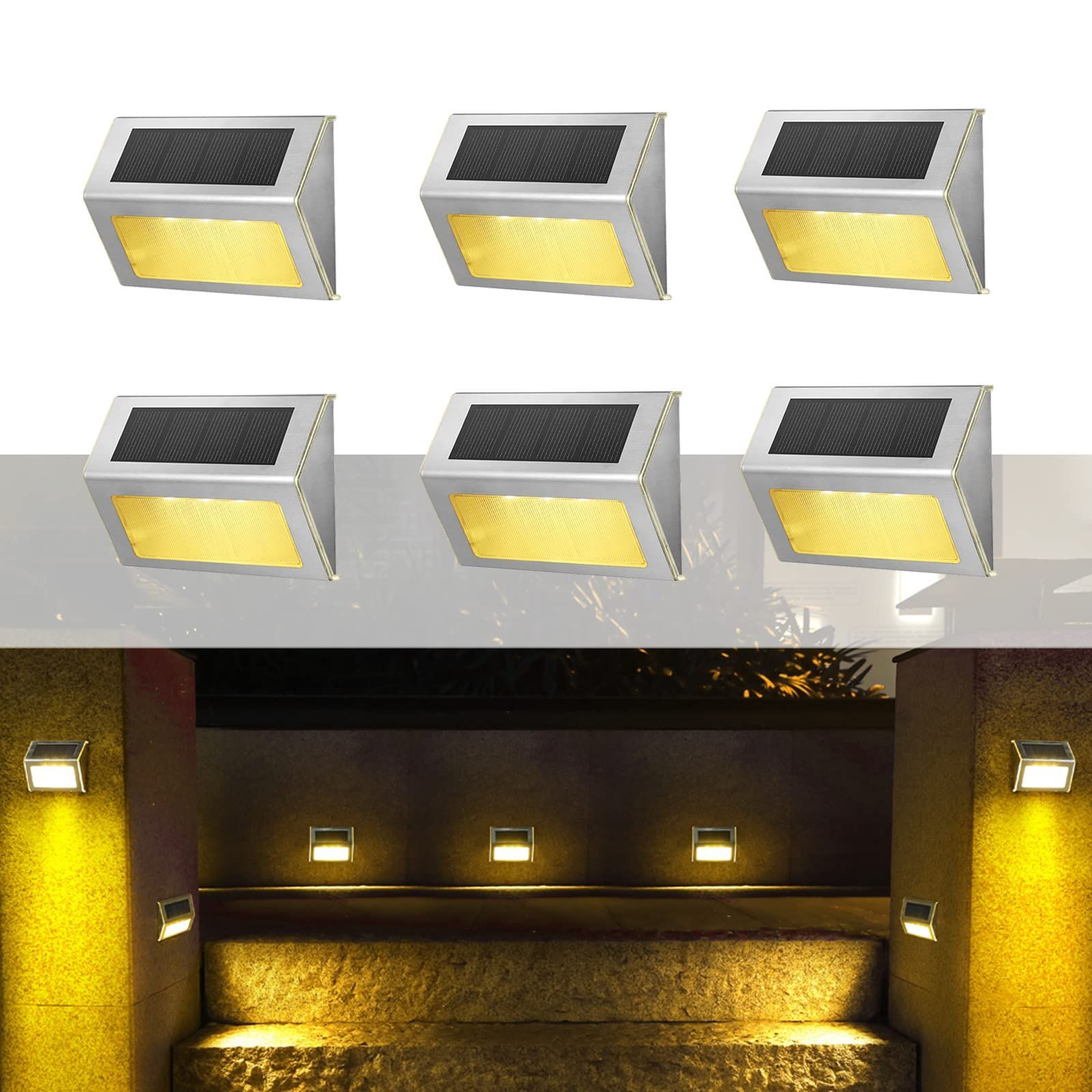 6個セット（センサーなし） GideaTech ソーラライト 階段ライト パスライト 防水 屋外 自動点灯 防水 壁掛け/玄関/庭先/窓/駐車場/車道/ガレージ ステンレス製 ガーデンライト 防犯対策 停電・災害時に適用 6個セット