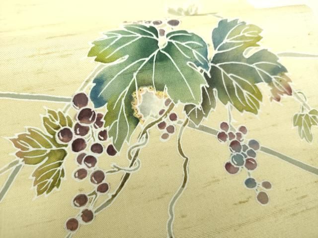 平和屋着物●九寸名古屋帯　白山紬　友禅　作家物　葡萄蔦の葉文　正絹　逸品　DAAV6113ps 平和屋着物○九寸名古屋帯 白山紬 友禅 作家物 葡萄蔦の葉文 正絹 逸品