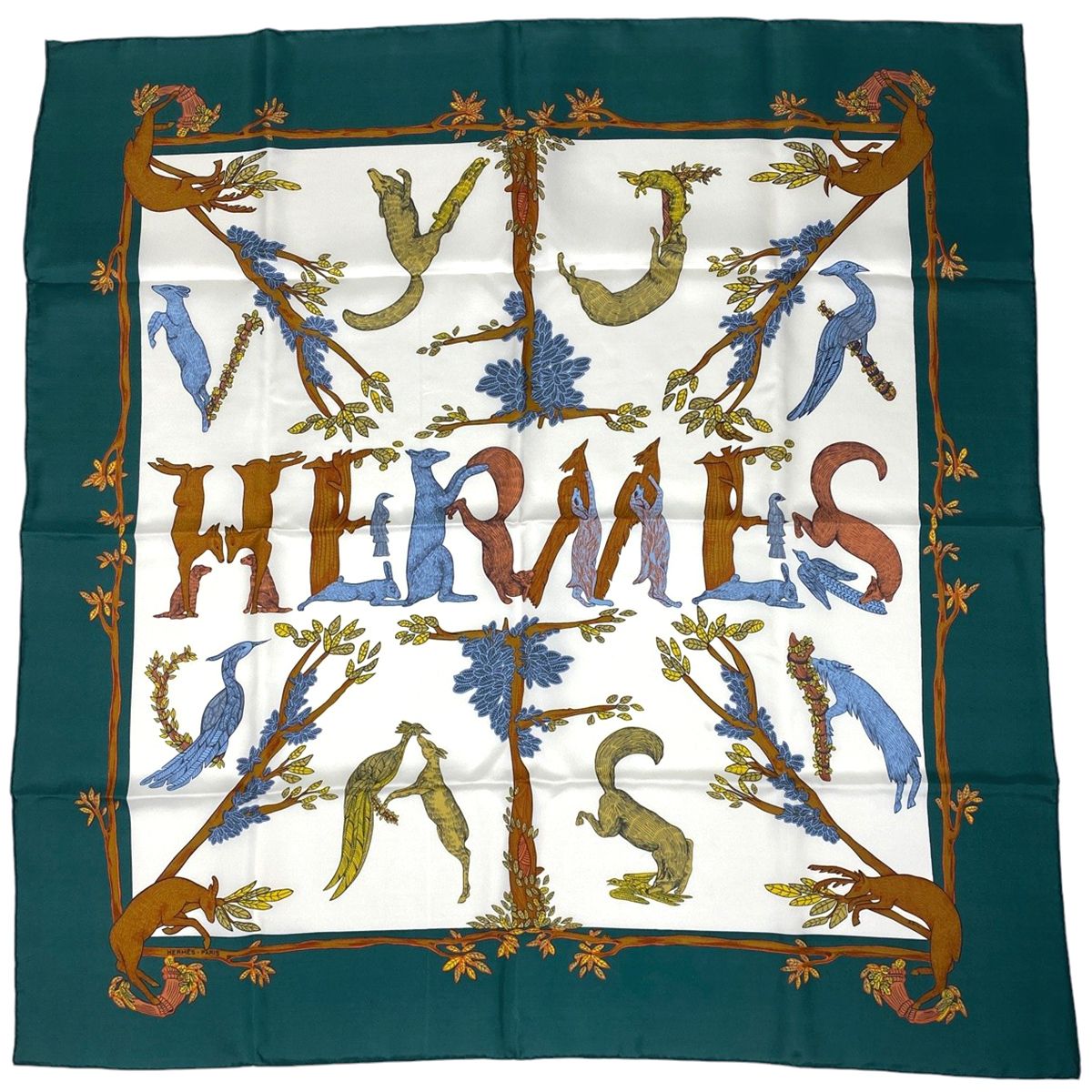 エルメス HERMES カレ 90 アニマル柄 動物のアルファベット スカーフ シルク グリーン マルチ レディース