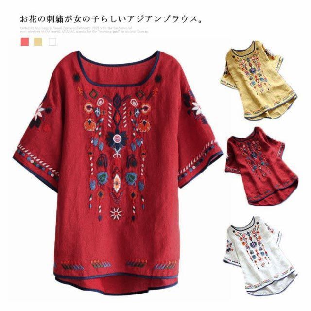 送料無料】刺繍 ブラウス チュニック Tシャツ トップス 花柄刺繍