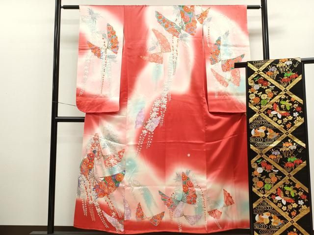 豊富な，品質保証 平和屋着物∵女の子　十三参り　子供　祝着・袋帯セット　駒刺繍　扇面舞蝶花文　暈し染め　金彩　逸品　CAAT6110ze 着物・着物ドレス