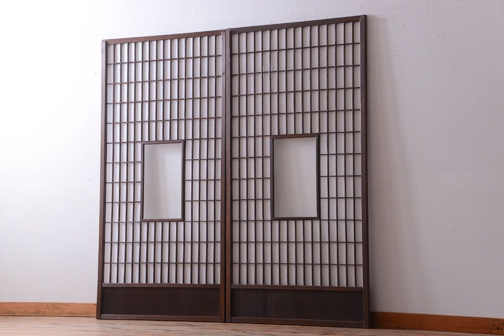 縦額障子戸2枚セット アンティーク建具 引き戸 R-019032