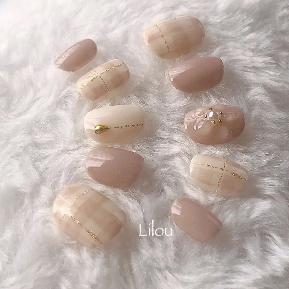 075 チェック柄ネイル ギンガムチェックネイル ぷっくりフラワー  