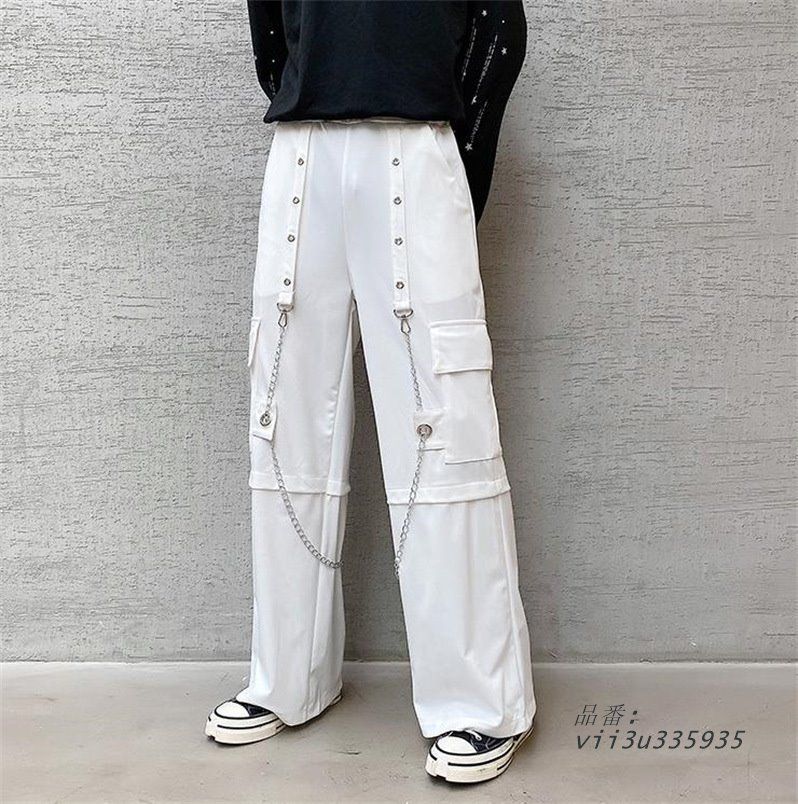 メンズ ロングパンツ チノパンツ カジュアルズボン クラブ ストレートパンツ 白黒 春夏秋 チェーン ダンス発表会 ヒップホップ 男子ボ 舞台衣装  vii3u335935