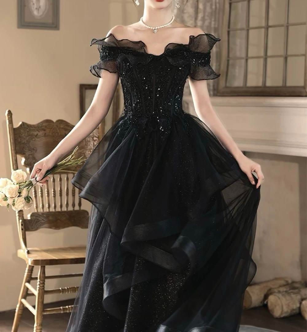 シンプルオシャレなフリルが美しい オフショル ロングドレス シンプルオシャレなフリルが美しい オフショル ロングドレス