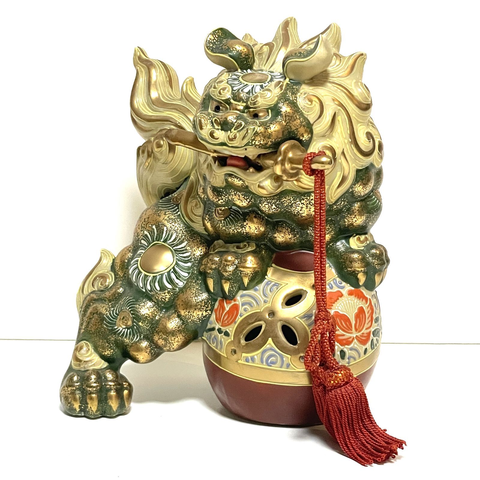 九谷八幡窯須栄義作 獅子陶器飾り