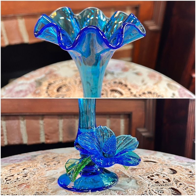 レトロ ブルー フリル 花瓶 青 花 フラワーベース 花器 綺麗 ガラス製