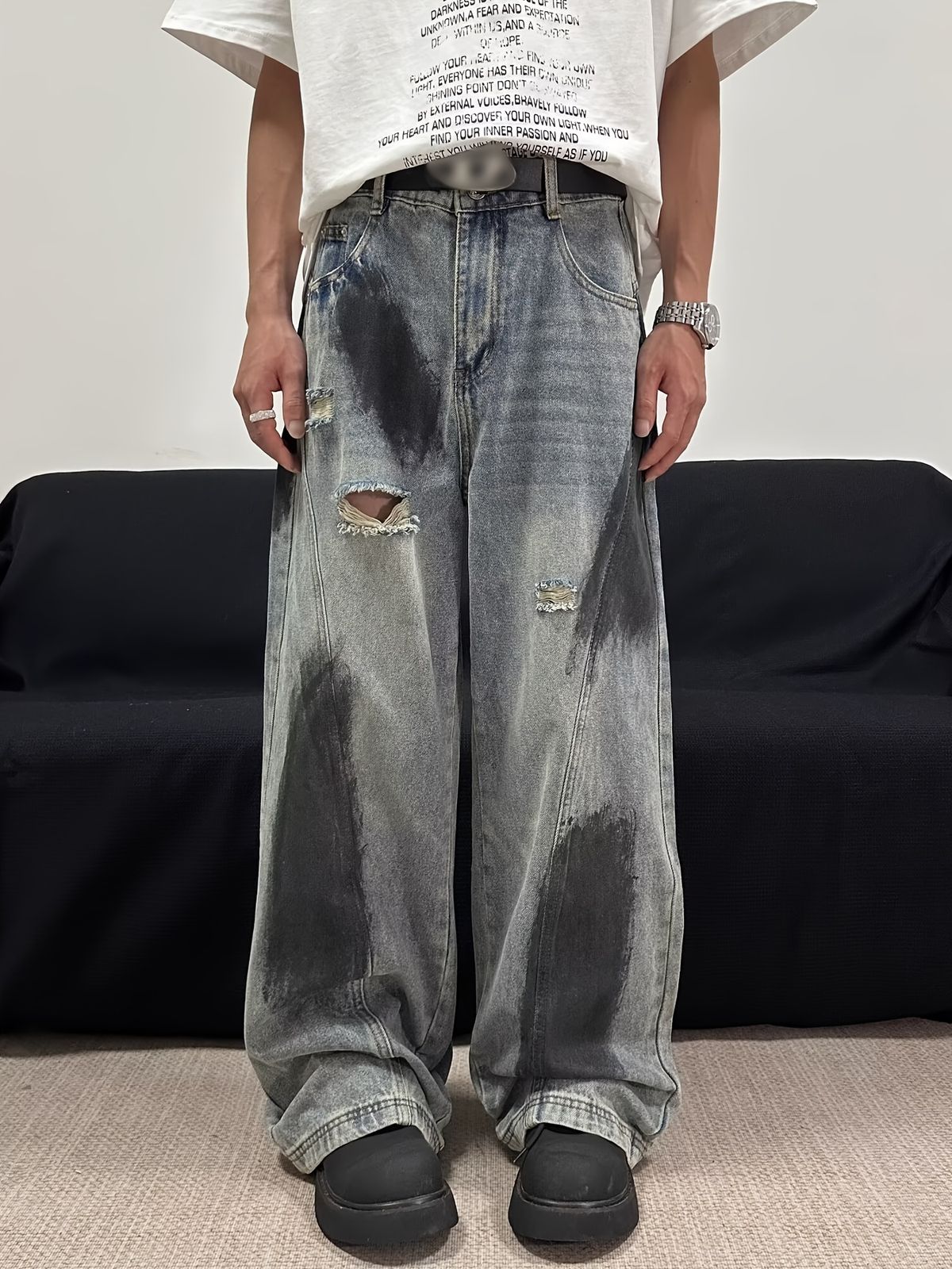 デニムパンツ リップドジーンズ ルーズ ワイドレッグ レトロ デニムパンツ リップドジーンズ ルーズ ワイドレッグ レトロ