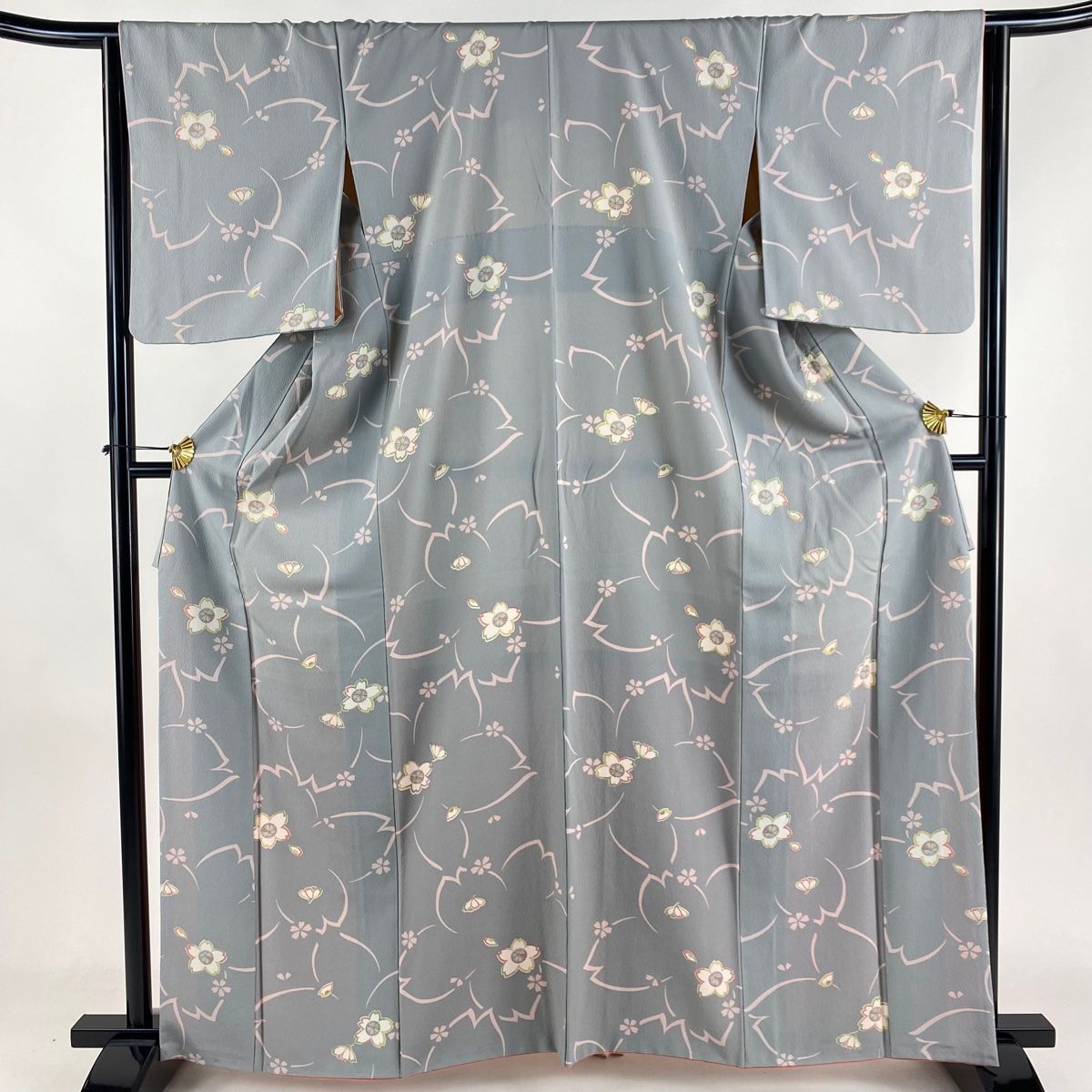 小紋 身丈161.5cm 裄丈64.5cm M 袷 桜 縮緬 灰色 正絹 秀品 【中古  