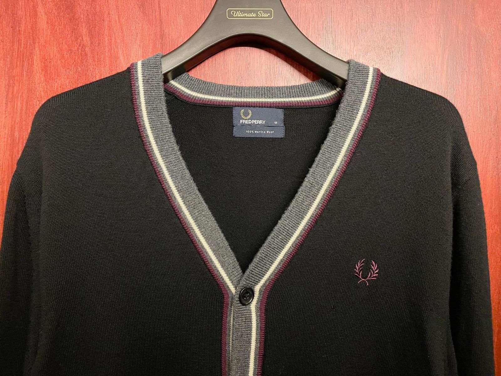 △訳あり商品△ FRED PERRY メリノウールカーディガン ブラック M 