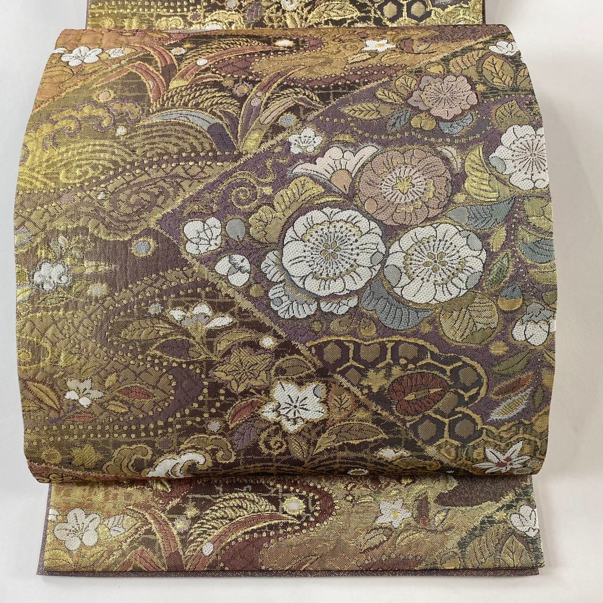 袋帯 秀品 やまと 草花 波 箔 紫 六通 正絹