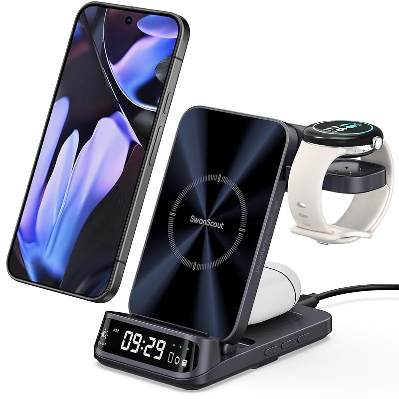Pixel 9 Pro Fold/9 Pro XL/9 Pro/9/8/7/6対応、Pixel Watch 3/2対応、3in1 ワイヤレス充電器、ピクセルウォッチ 充電器、充電スタンド、置くだけ充電、折りたたみ式、Pixel Watch 3/2/Fitb 1
