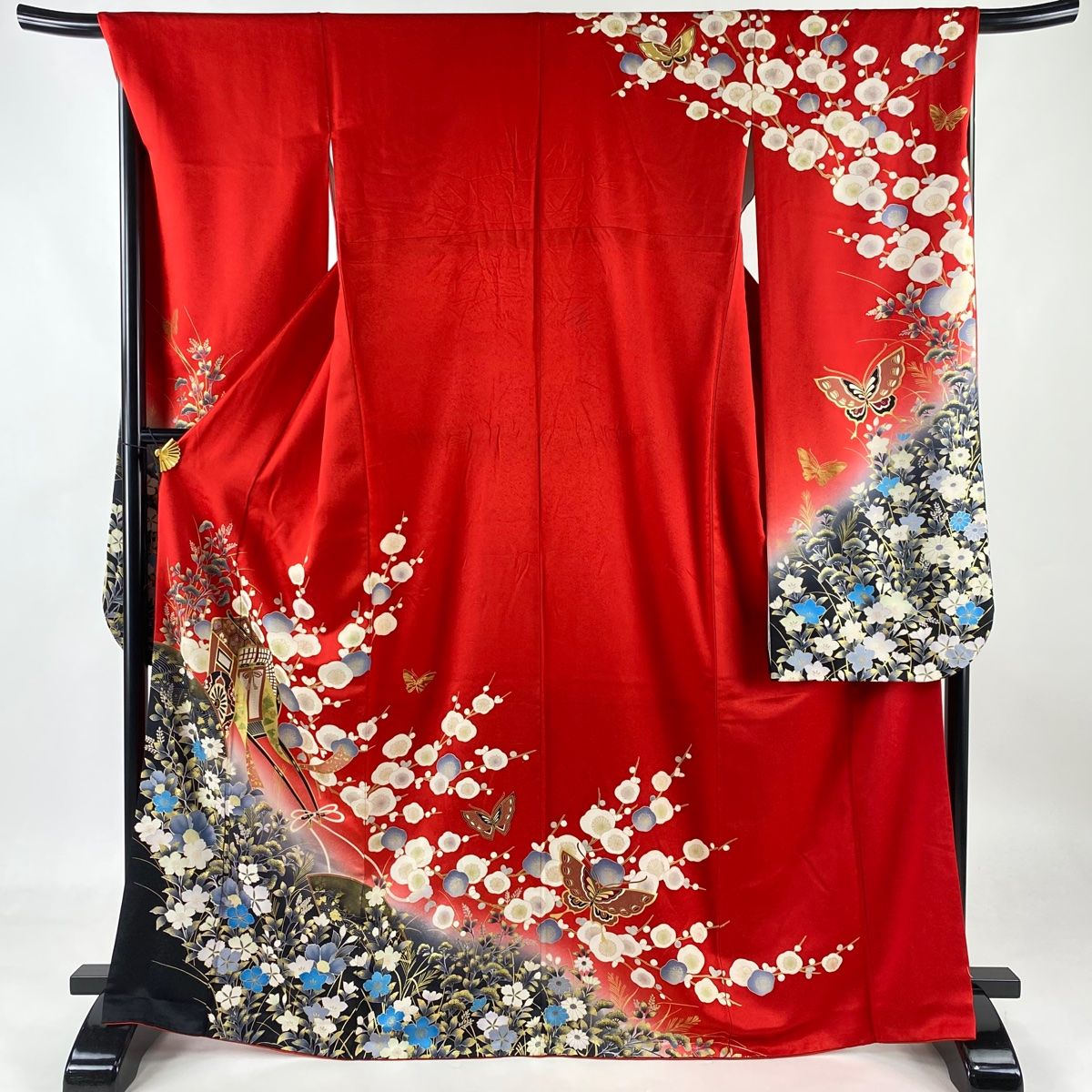 振袖 身丈163cm 裄丈66.5cm M 袷 御所車 牡丹 金糸 金彩 山吹