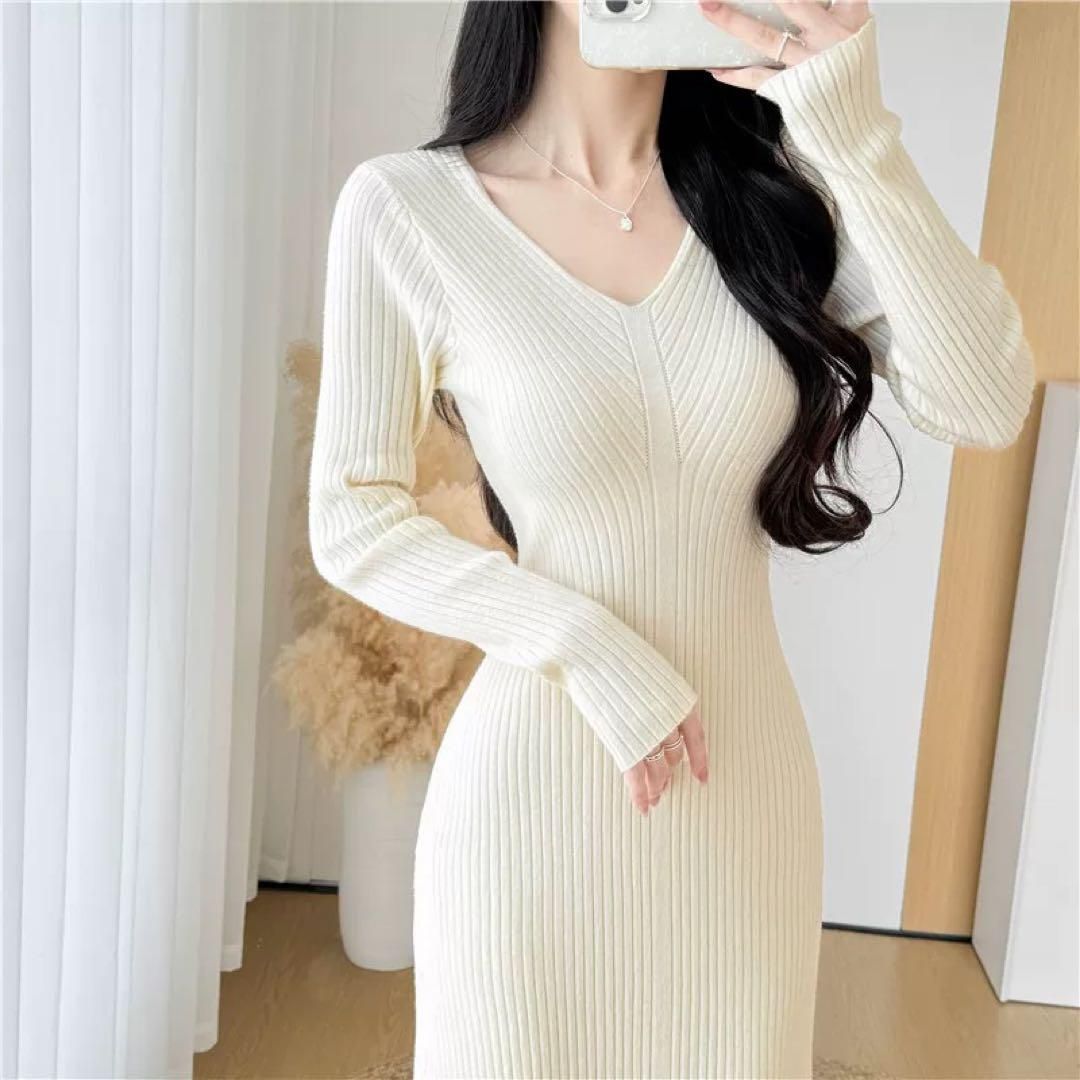 Vネックニットワンピース春のスリムフィットフィッシュテール 妖精的な高見えドレス