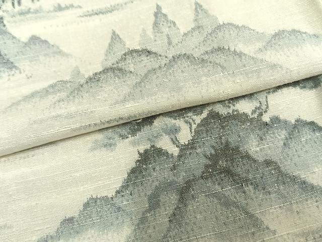 平和屋着物▽真綿結城紬　単衣　風景文　反端付き　正絹　逸品　未使用　AAAZ9297fy 平和屋着物▽真綿結城紬 単衣 風景文 反端付き 正絹 逸品 未使用