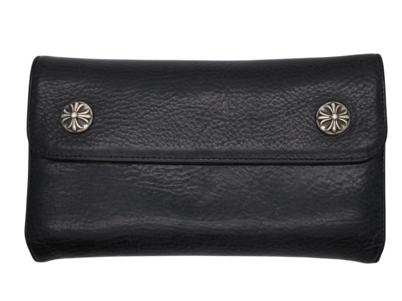 CHROME HEARTS クロムハーツ ウェーブウォレット 長財布 クロスボールボタン ダガージップ シルバー925 レザー ブラック 4b008182