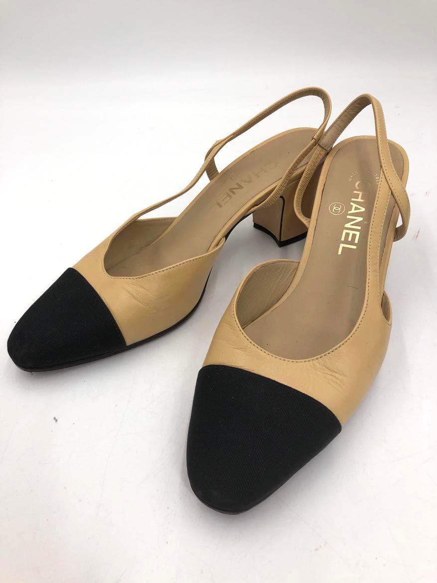 CHANEL シャネル G31318 ゴートスキン＆グログラン イタリア製 スリングバック パンプス size38C ベージュ×黒 ◎レディース