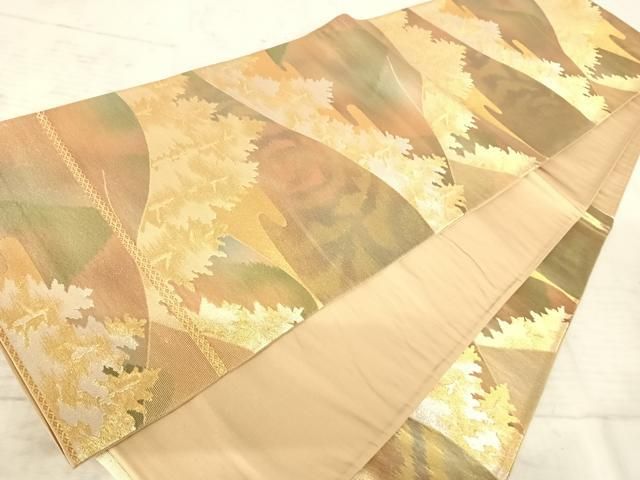 8660 未使用に近い　シワ加工　六通袋帯　　木々の向こうに山々　〜横ライン〜 8660 未使用に近い シワ加工 六通袋帯 木々の向こうに山々 〜横